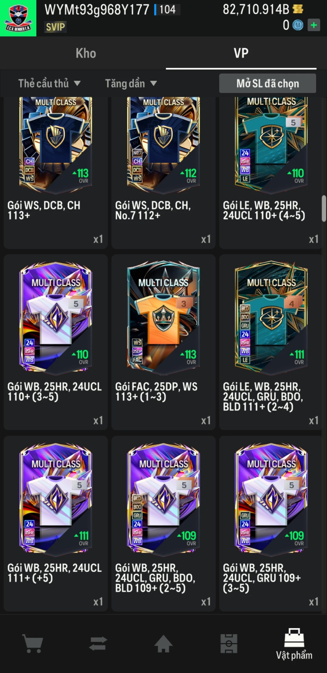 Ảnh ACC mở thẻ (LOẠI SUPER VIP) bao gồm có hơn 900+ đến 1100+ thẻ cầu thủ từ Siêu sao đến Miền núi các loại (ngẫu nhiên có: 01 thẻ +12 và 03 thẻ PRIME QH, XS, CP...) Acc có sẵn BP trắng từ 80.000 tỷ BP đến 120.000 tỷ BP kèm theo nhiều ngày SVIP